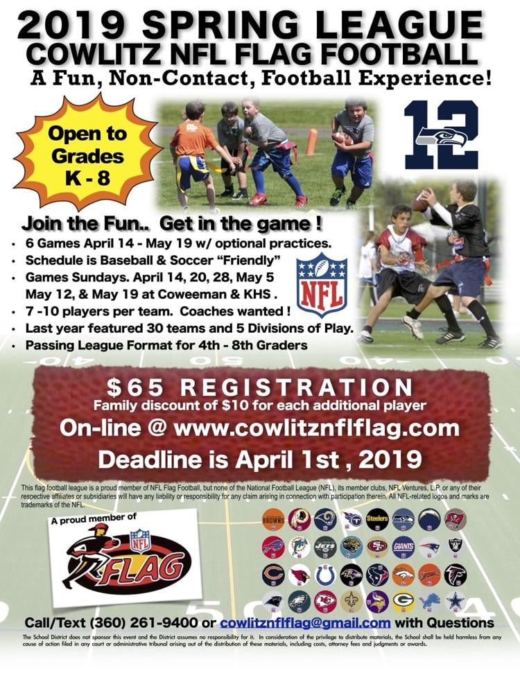 Cowlitz NFL Flag Football League Deadline K8 Calendar