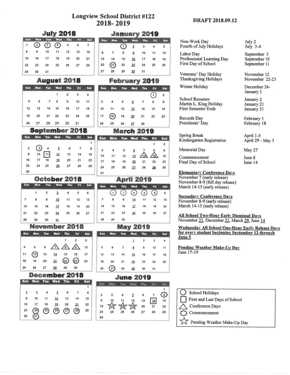 2018-19 Longview school calendar