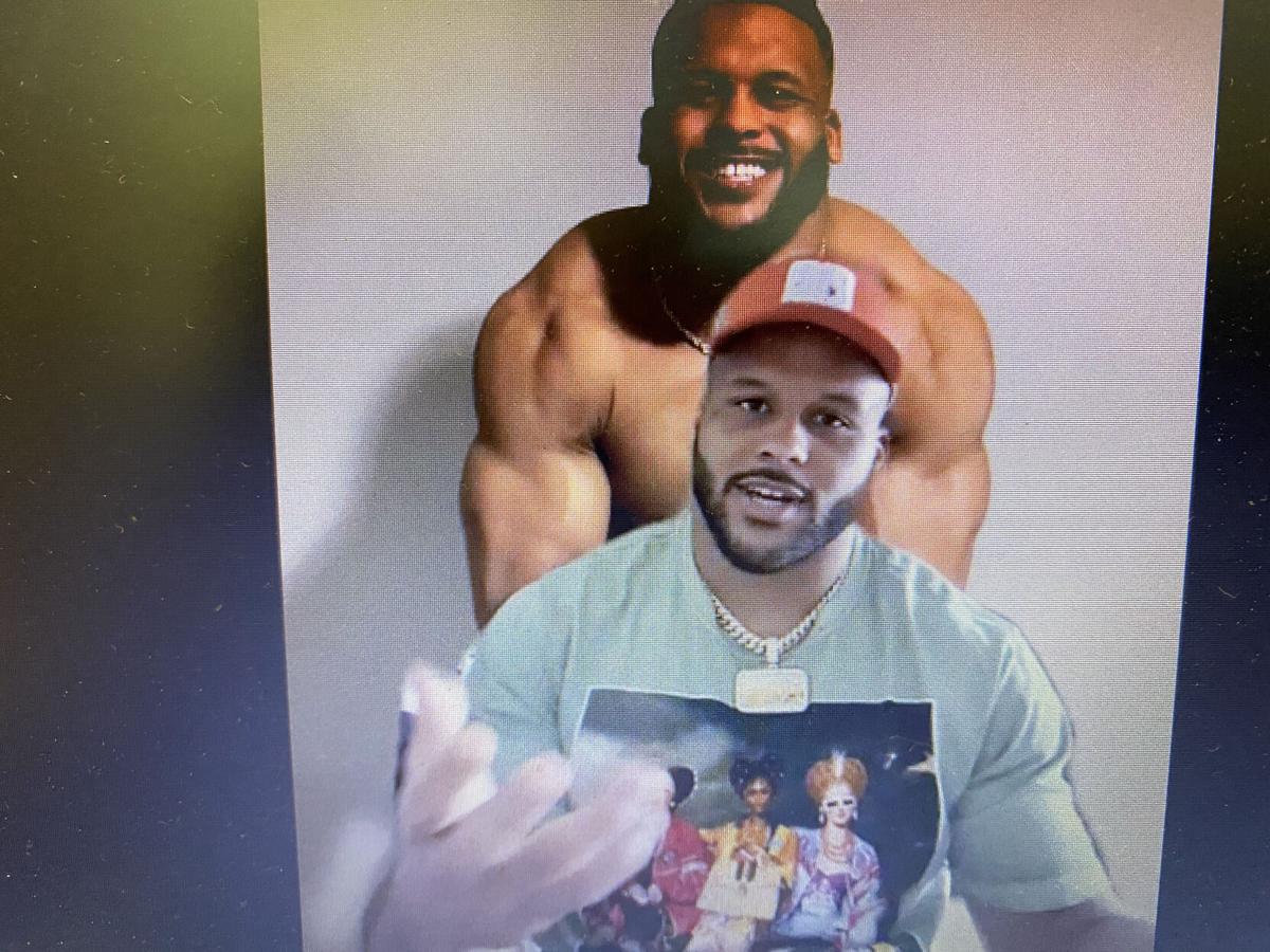 During his Zoom conference call with reporters on May 21, 2020, Los Angeles Rams defensive tackle Aaron Donald used a photo of himself flexing as his background.