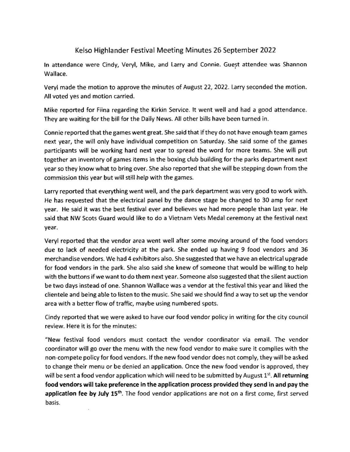 Sept. 26 festival commission meeting minutes