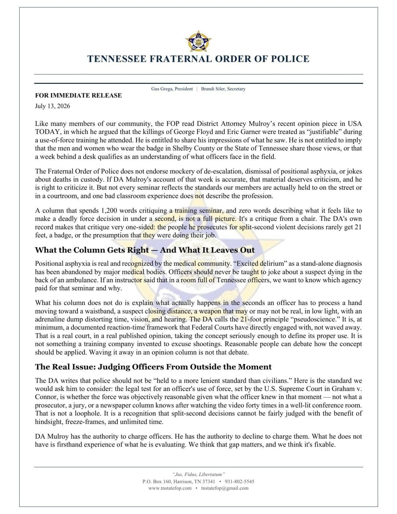 Tennessee FOP's response to D.A. Steve Mulroy