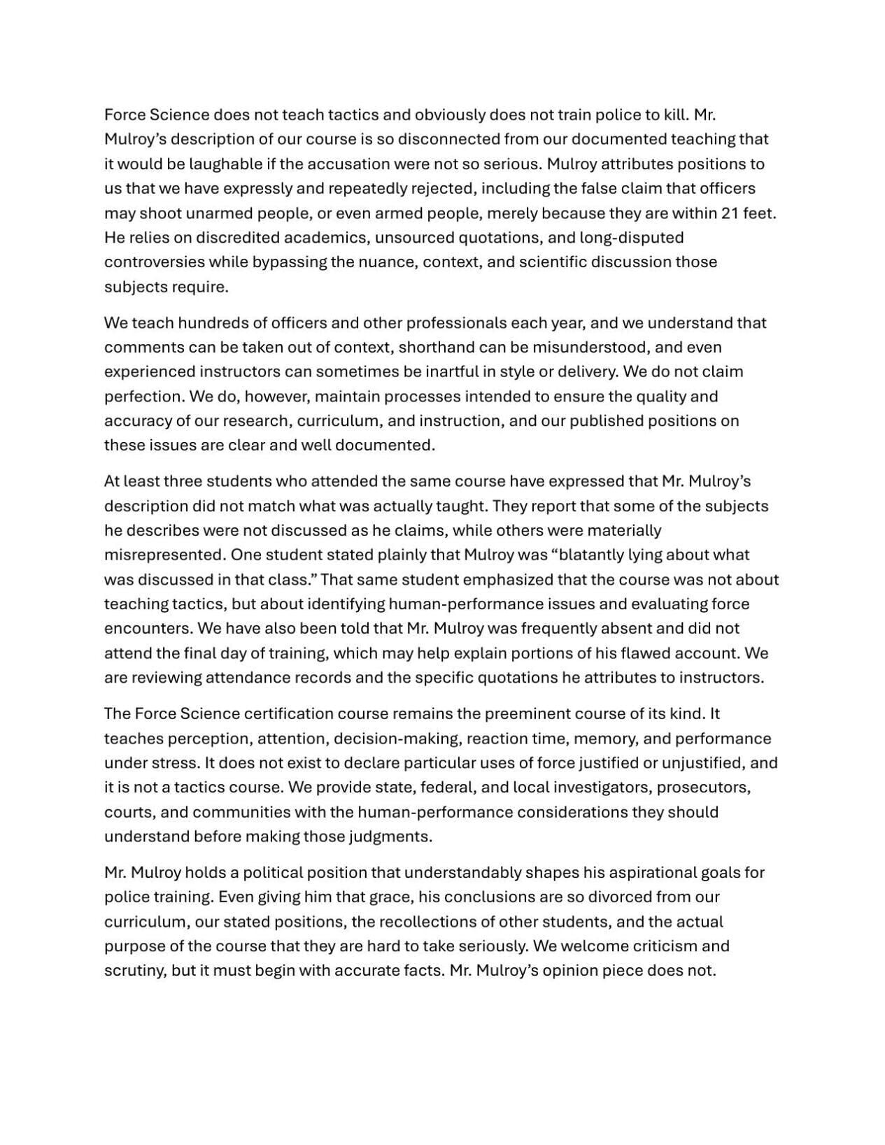 Force Science Mulroy response statement
