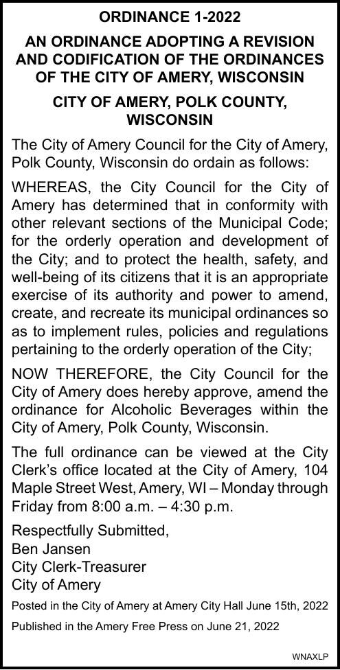 City of Amery - Ordinance 1-2022