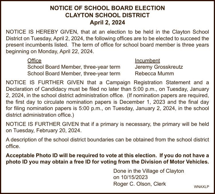 Clayton School District Notice of Spring Election Public Notices