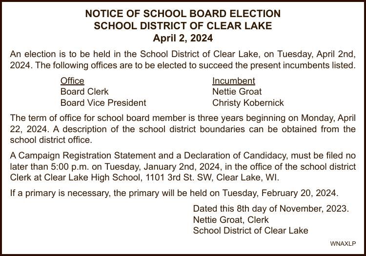 Clear Lake Schools Notice of Spring Election Public Notices
