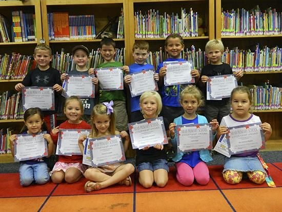 Kindergarten citizenship winners for September at Arab Primary School are: from left front, Maggie Watts, Abigail Tipton, Nora Cooper, Ella Kate Morrow, Lela Hipp, Ella Grace Rigsby; back, Dylan Whitehead, Colbey Bryan, Hayden Frachiseur, Chase Miller, Karson Logan, Dylan Highsmith