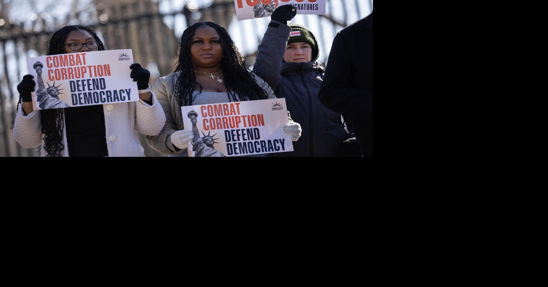 Activists with the Declaration for American Democracy, hold a rally to mark the 14th anniversary of the Citizens United v. FEC Supreme Court decision, outside the White House on Jan. 22, 2024, in Washington, D.C. Citizens United v. FEC was a landmark decision by the U.S. Supreme Court in 2010.