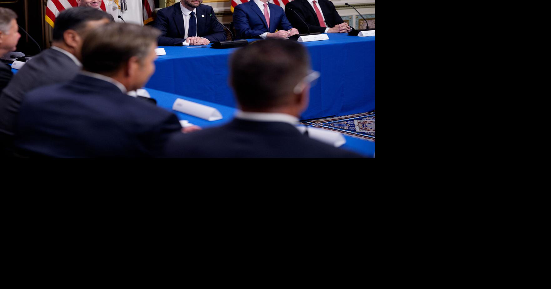 From top left, White House Deputy Chief of Staff and Homeland Security Advisor Stephen Miller, U.S. Vice President JD Vance, Federal Trade Commission Chair Andrew Ferguson, and White House Task Force to Eliminate Fraud Executive Director Scott Brady, appear during a roundtable discussion in the Eisenhower Executive Office Building on the White House Campus...