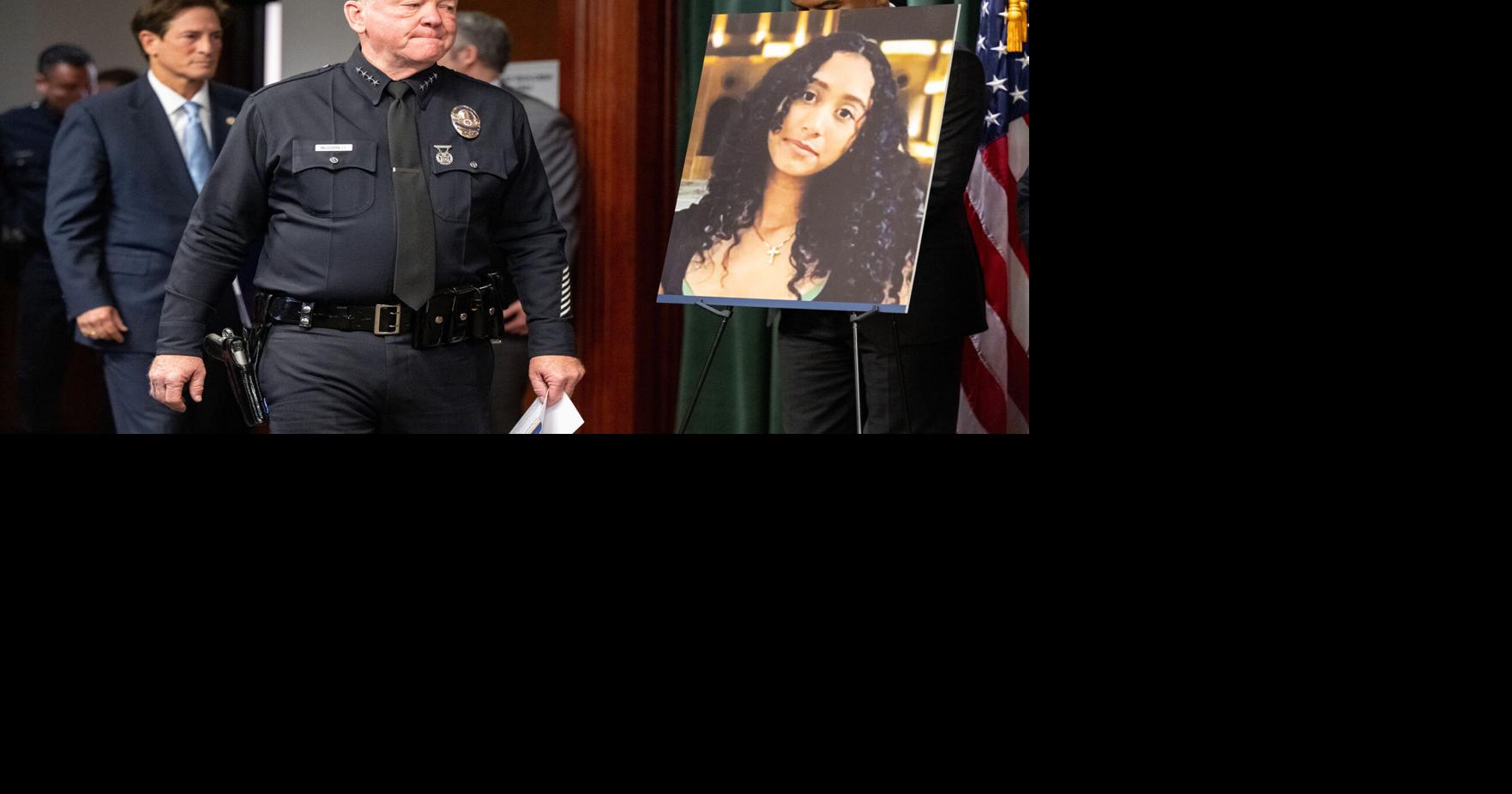Los Angeles police Chief Jim McDonnell and Los Angeles District Attorney Nathan Hochman walk past a photo of Celeste Rivas Hernandez, 14, of Lake Elsinore, California, on April 20, 2026.