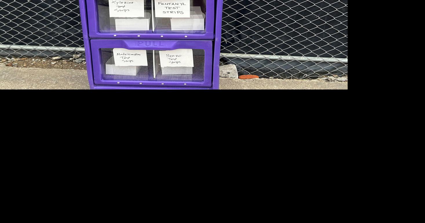 A box with free drug test strips, used to detect fentanyl and other harmful adulterants, sits outside the Chesapeake Detention Facility in Baltimore. Many health advocacy groups try to give the strips to people leaving incarceration, to avert overdoses. **KFF Health News provided photos must include credit/caption and can only be used with the original KFF...