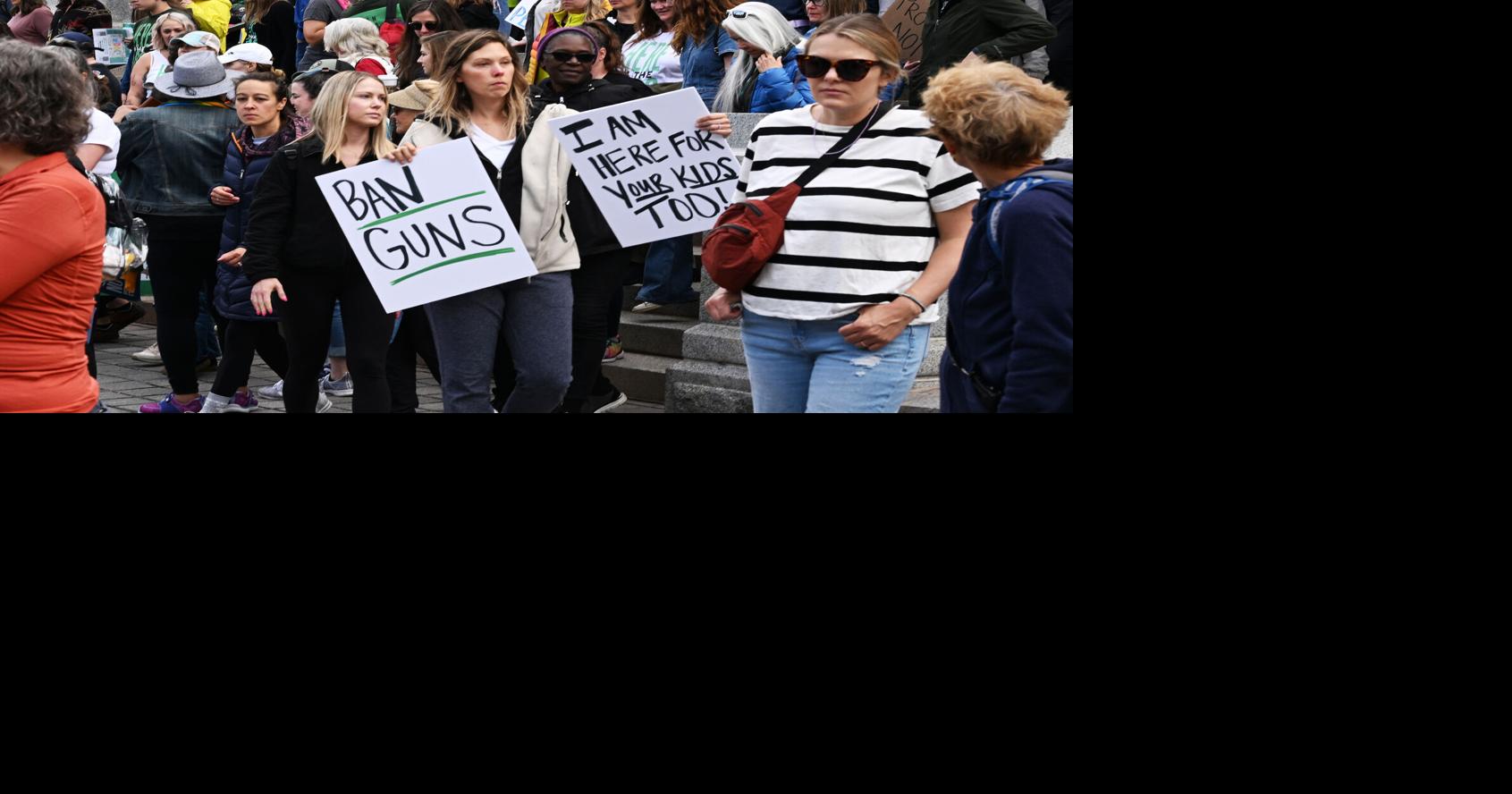Here 4 the Kids, a group of mostly moms, stage a sit-in in 2023 asking for an executive order to ban guns in Colorado on June 5, 2023, in Denver.
