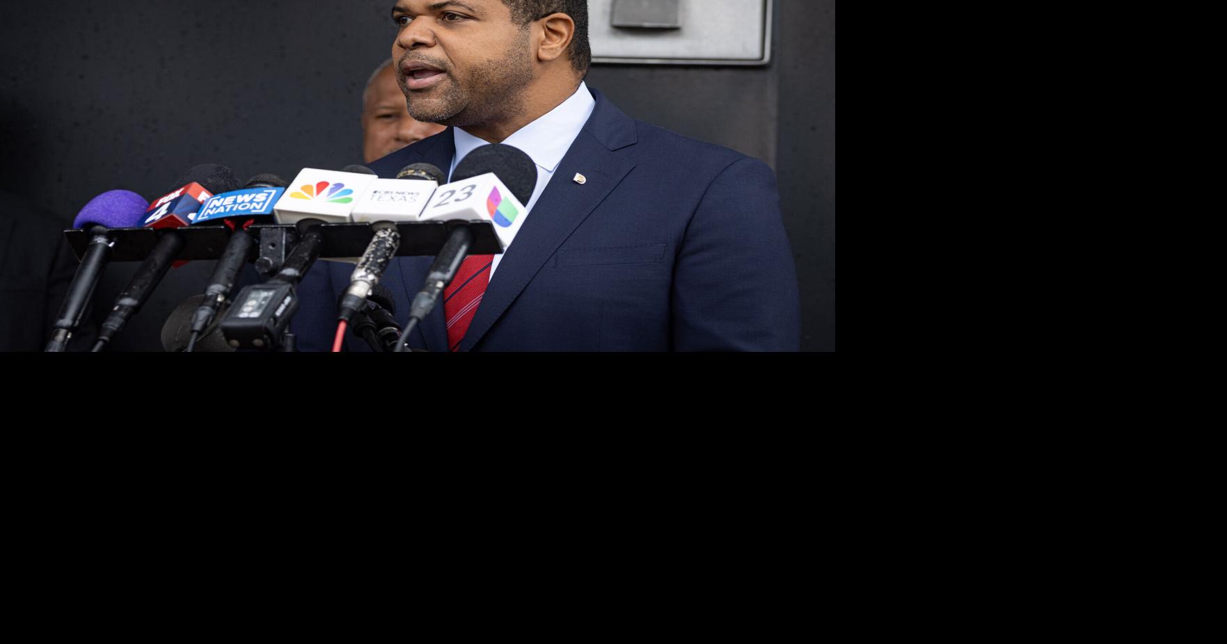 Dallas Mayor Eric Johnson speaks to media after a shooting occurred at the Dallas Immigration and Customs Enforcement office on Sept. 24, 2025, in Dallas.