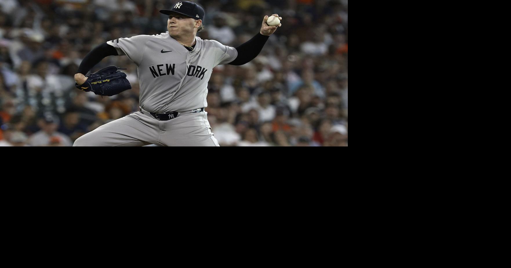 Ryan Weathers of the New York Yankees pitches against the Houston Astros during the first inning at Daikin Park on Saturday, April 25, 2026, in Houston.