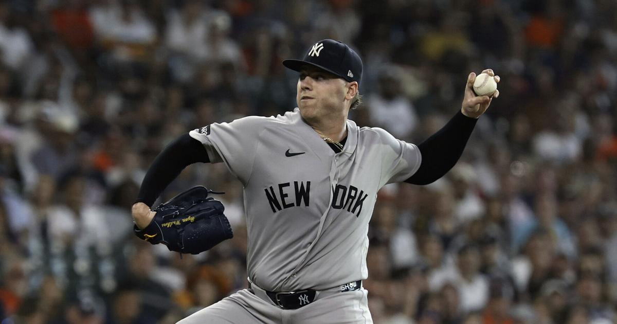 Ryan Weathers of the New York Yankees pitches against the Houston Astros during the first inning at Daikin Park on Saturday, April 25, 2026, in Houston.