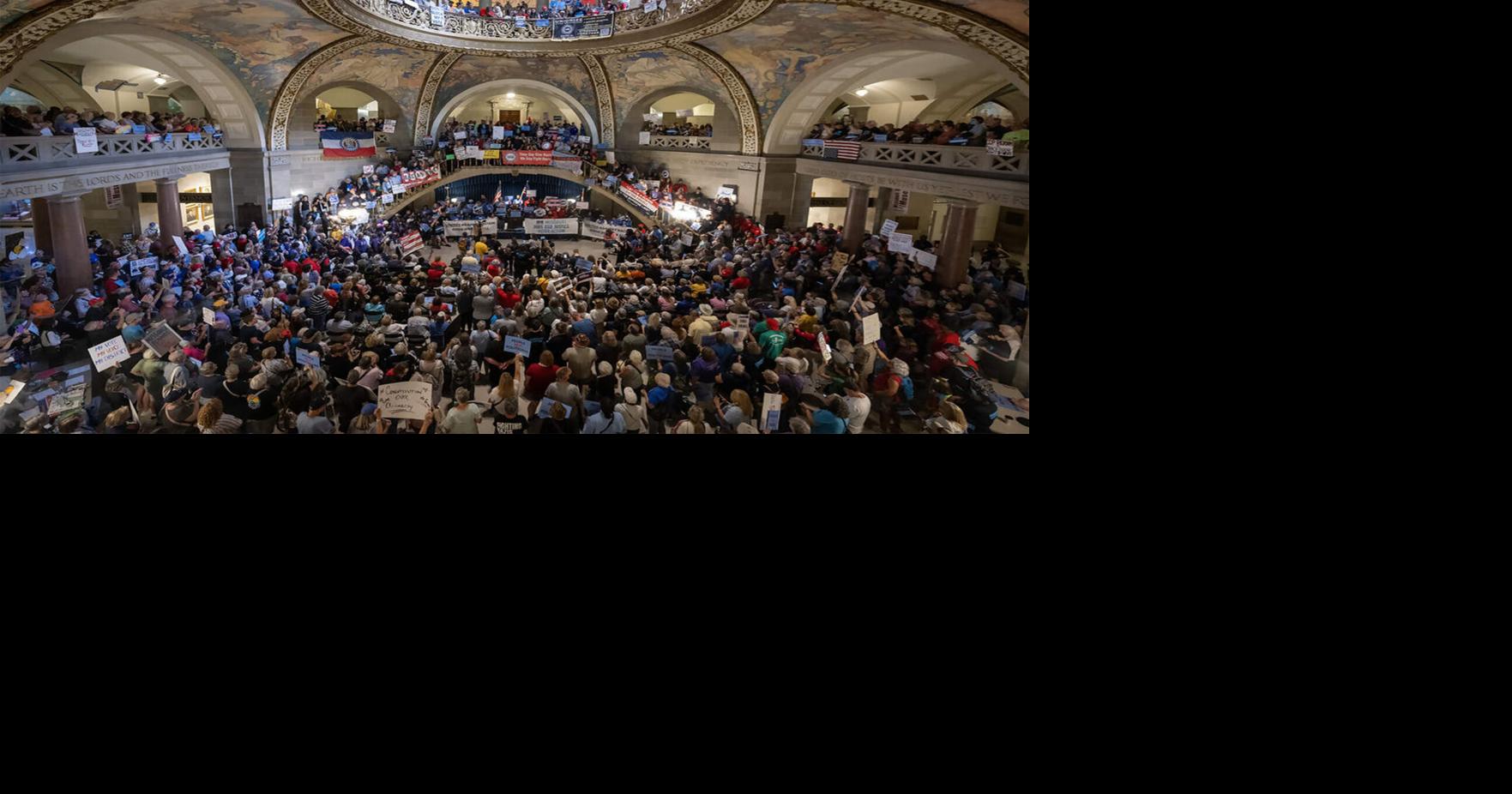 Protesters packed the rotunda of the Missouri statehouse to protest the gerrymandering of the state’ s congressional map on Wednesday, Sept. 10, 2025, in Jefferson City, Mo..