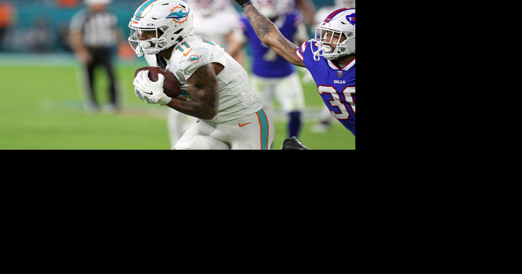 Miami Dolphins wide receiver Cedrick Wilson Jr. catches a pass against the Buffalo Bills during the first half at Hard Rock Stadium on Sunday, Jan. 7, 2024, in Miami Gardens, Florida.