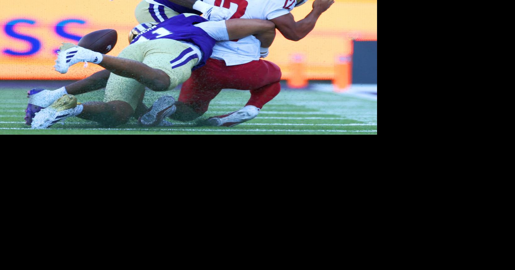 Washington’ s Rylon Dillard-Allen is called for targeting on Washington State's Caden Pinnick in the fourth quarter Sunday, Sept. 6, 2026, at Husky Stadium in Seattle.