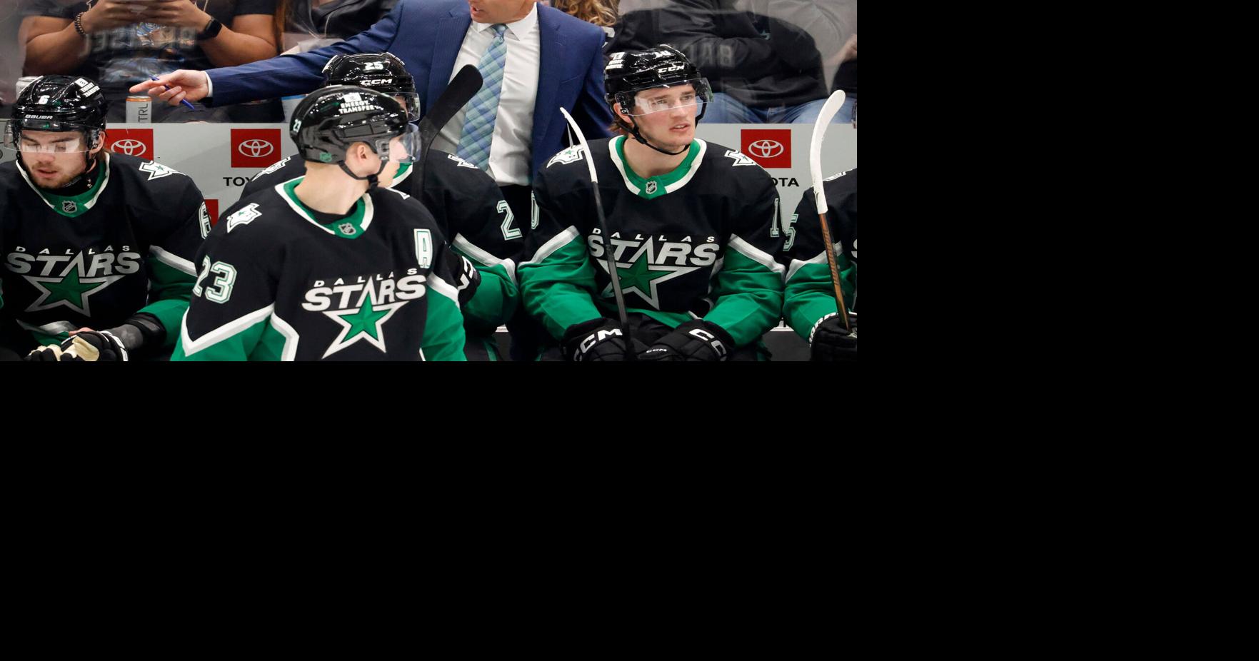 In this file photo, Dallas Stars head coach Glen Gulutzan delivers instruction to his players during the second period against the Edmonton Oilers at the American Airlines Center on March 12, 2026, in Dallas.