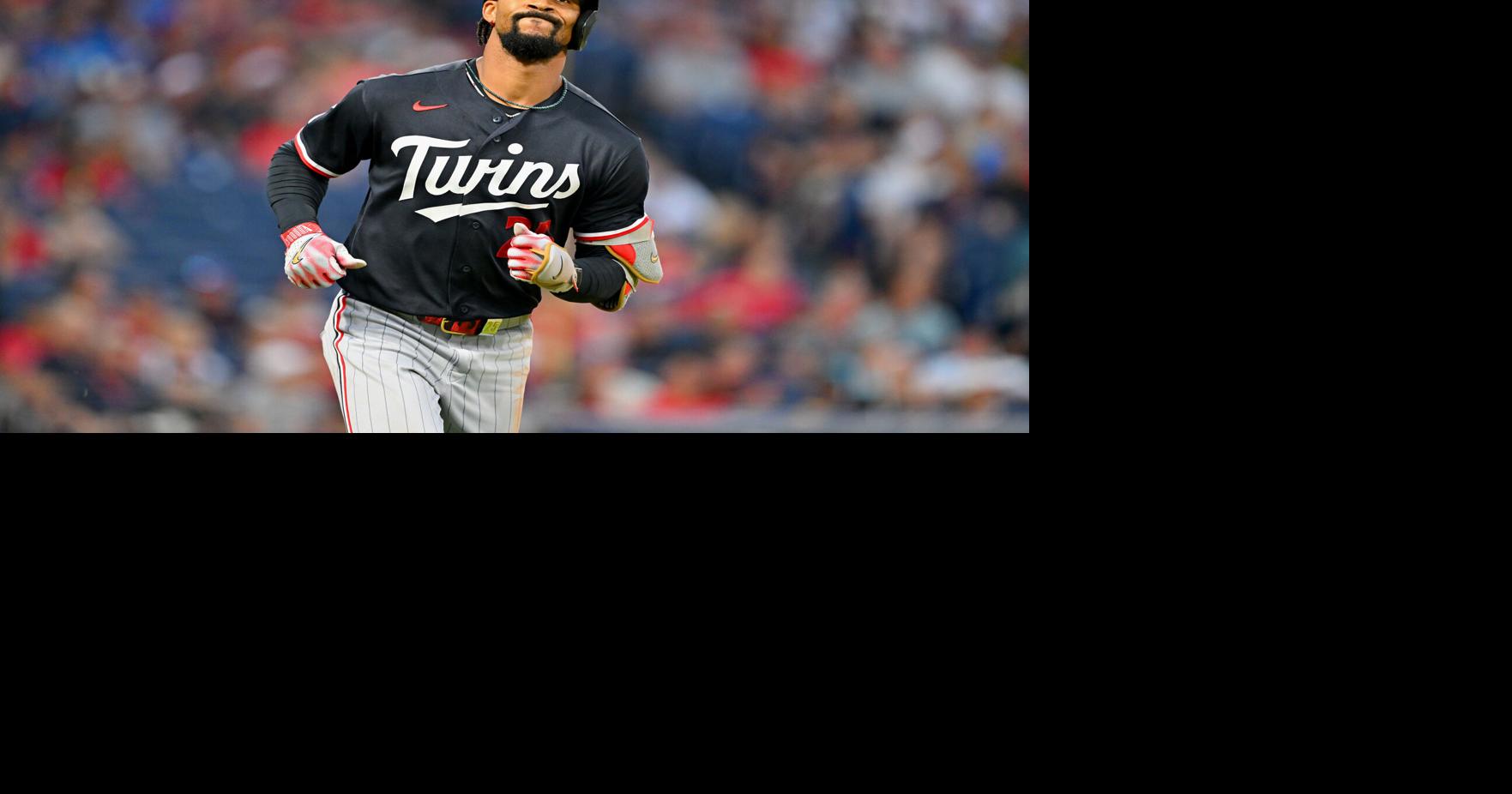 Byron Buxton of the Minnesota Twins reacts as he flies out to end the seventh inning against the Cleveland Guardians at Progressive Field on Tuesday, July 21, 2026, in Cleveland.