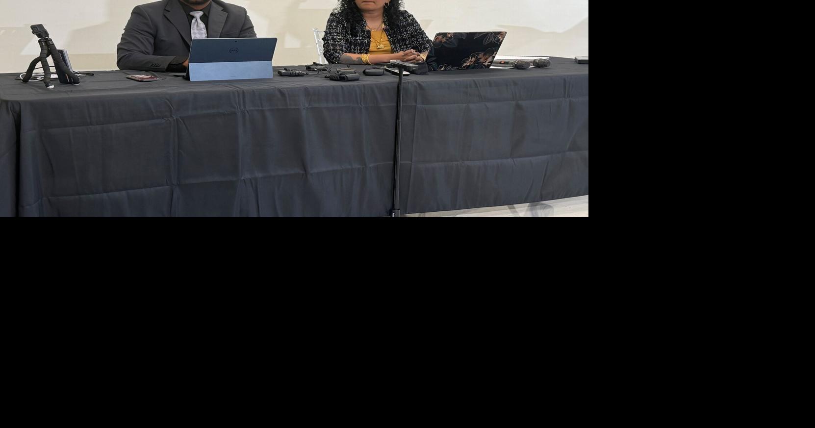 Attorneys Purna Krishnamoorthy, right, and Austin Gregory, at a press conference Aug. 4, 2026, about Michael Jackson-Bolanos' parole date and new charges filed against him.