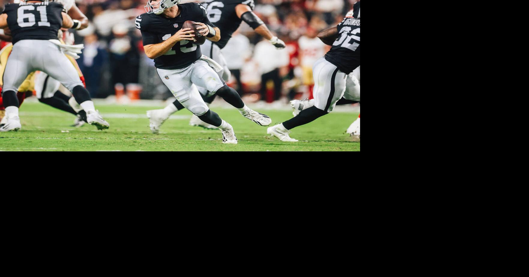 Las Vegas Raiders quarterback Fernando Mendoza scrambles during a preseason NFL football game against the San Francisco 49 ers at Allegiant Stadium Thursday, Aug. 27, 2026, in Las Vegas.