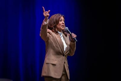 Former Vice President Kamala Harris speaks at the Wiltern on Monday, Sept. 29, 2025, in Los Angeles, as part of her book tour promoting "107 Days," her new book about her short sprint of a presidential campaign in 2024 after President Biden decided not ...