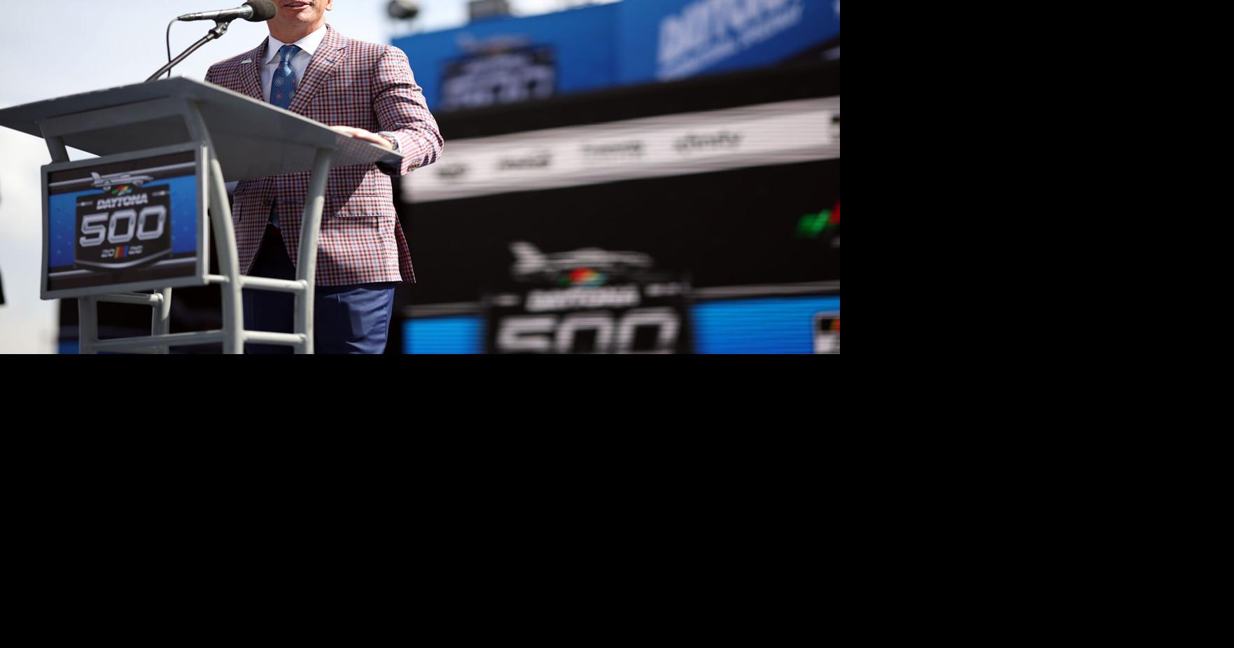 Frank Kelleher, president of Daytona International Speedway speaks at the onstage during pre-race ceremonies prior to the NASCAR Cup Series Daytona 500 at Daytona International Speedway on Feb. 15, 2026, in Daytona Beach, Florida.