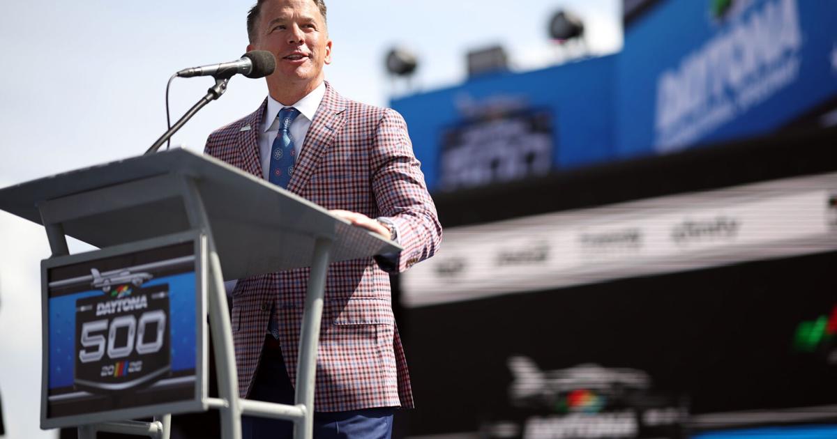 Frank Kelleher, president of Daytona International Speedway speaks at the onstage during pre-race ceremonies prior to the NASCAR Cup Series Daytona 500 at Daytona International Speedway on Feb. 15, 2026, in Daytona Beach, Florida.