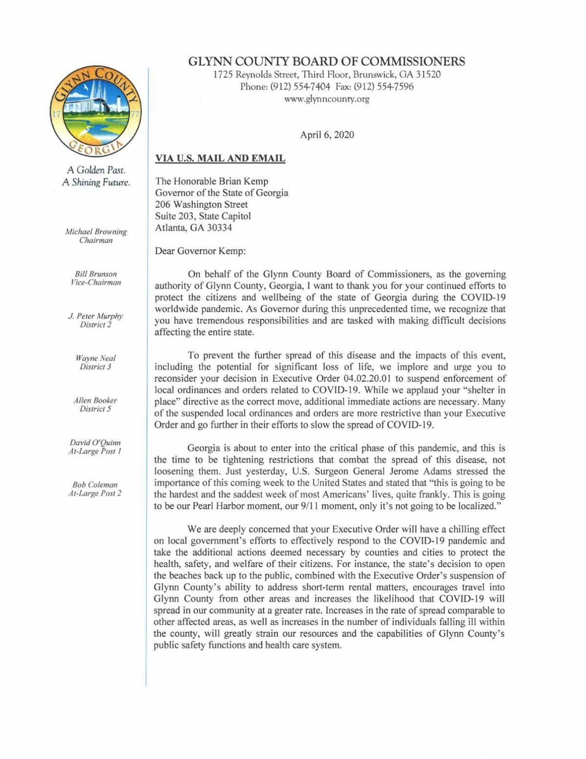 Letter to Governor Kemp from the Glynn County Commission   The