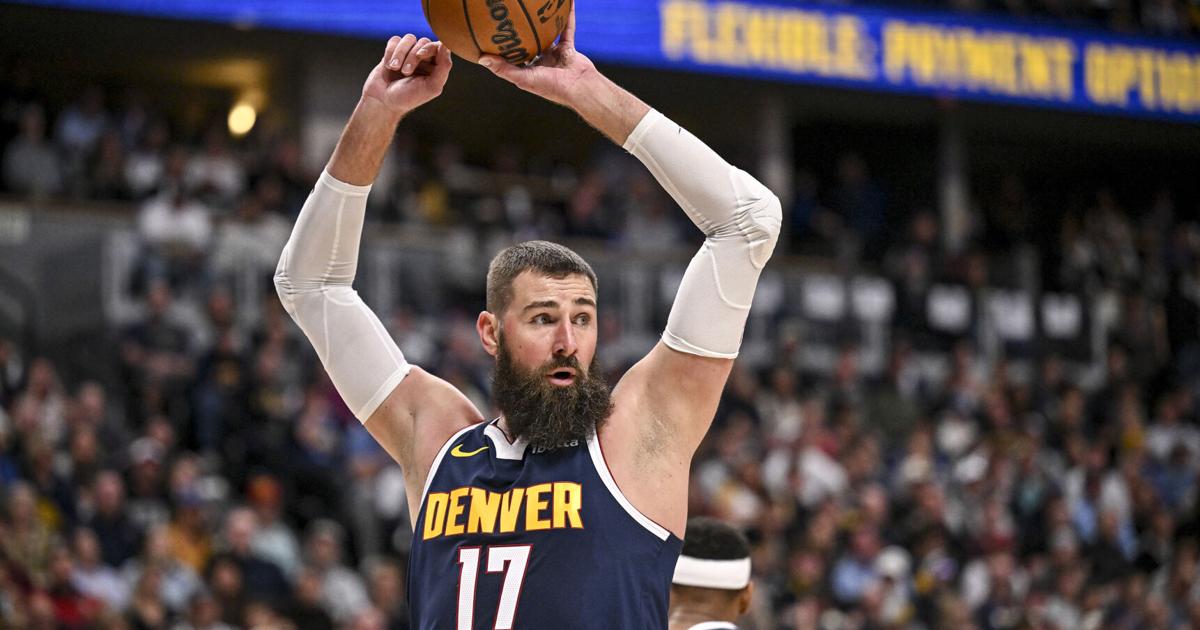 Jonas Valanciunas of the Denver Nuggets handles the ball during the second quarter of Game 5 of their NBA Playoffs series against the Minnesota Timberwolves on Monday, April 27, 2026.