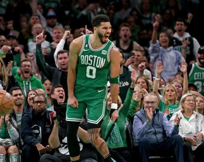 Jayson Tatum of the Boston Celtics celebrates during the first quarter of the NBA Eastern Conference Finals against the Miami Heat at the TD Garden on May 25, 2023, in Boston.