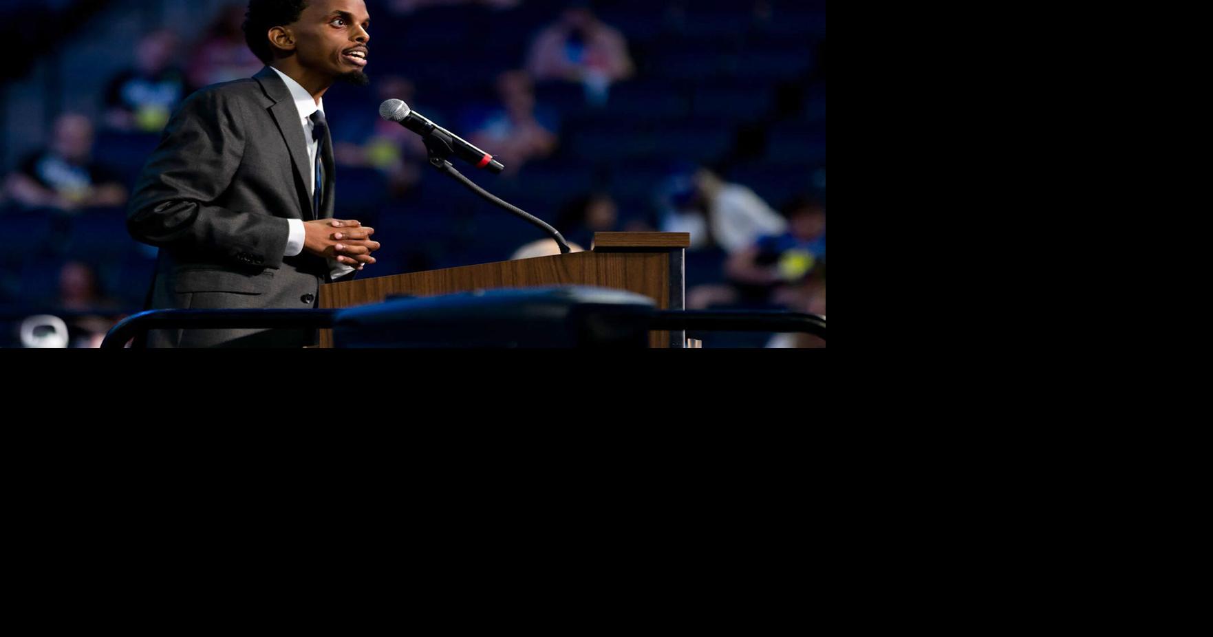 Mayoral candidate Omar Fateh speaks during the Minneapolis DFL convention at Target Center in Minneapolis on July 19, 2025.