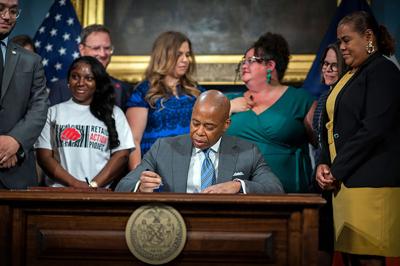 Mayor Eric Adams signs Intro. 209- A, which prohibits discrimination on the basis of a person’ s height or weight in employment, housing, and public accommodations, at New York City Hall on Friday, May 26, 2023.