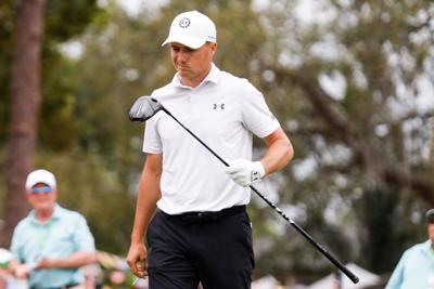 Jordan Spieth reacts after his tee shot on the 1st hole during the third round of the Valspar Championship at the Innisbrook Resort on Saturday, March 18, 2023, in Palm Harbor, Florida.
