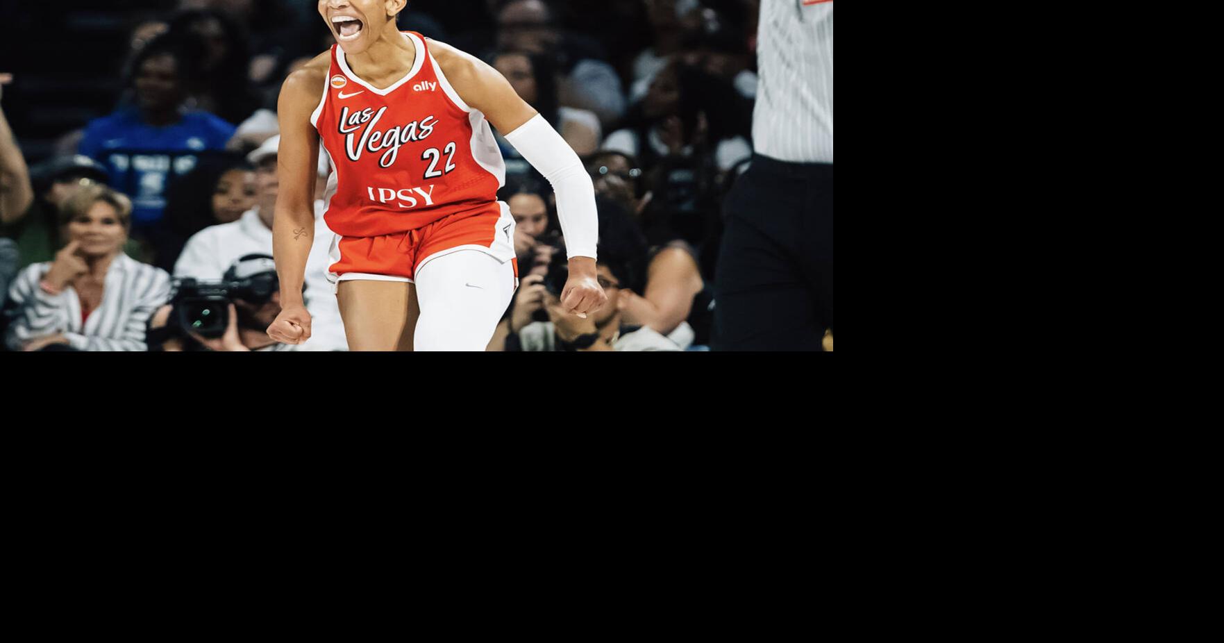 Las Vegas Aces center A'ja Wilson celebrates a successful shot during a WNBA basketball game against the Dallas Wings at Michelob ULTRA Arena Thursday, June 25, 2026, in Las Vegas.