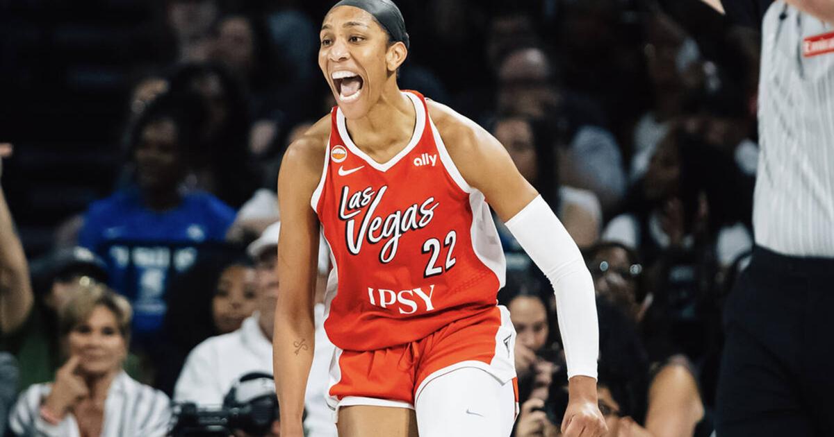 Las Vegas Aces center A'ja Wilson celebrates a successful shot during a WNBA basketball game against the Dallas Wings at Michelob ULTRA Arena Thursday, June 25, 2026, in Las Vegas.