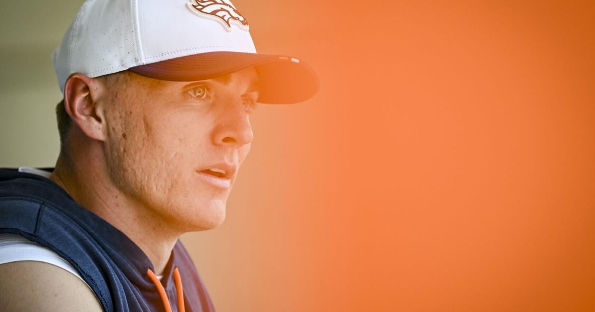Bo Nix of the Denver Broncos speaks to media members during minicamp at Broncos Park in Centennial, Colorado, on June 16, 2026.