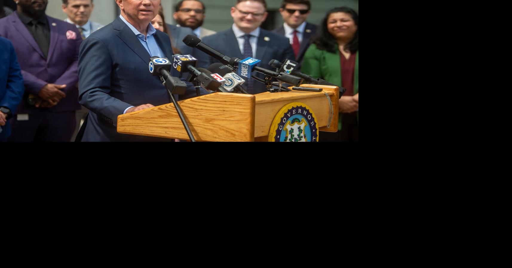 Ned Lamont during a ceremony for the signing of Senate Bill 397 on the steps of the Connecticut Supreme Court building, May 4, 2026, in Hartford, Conn..