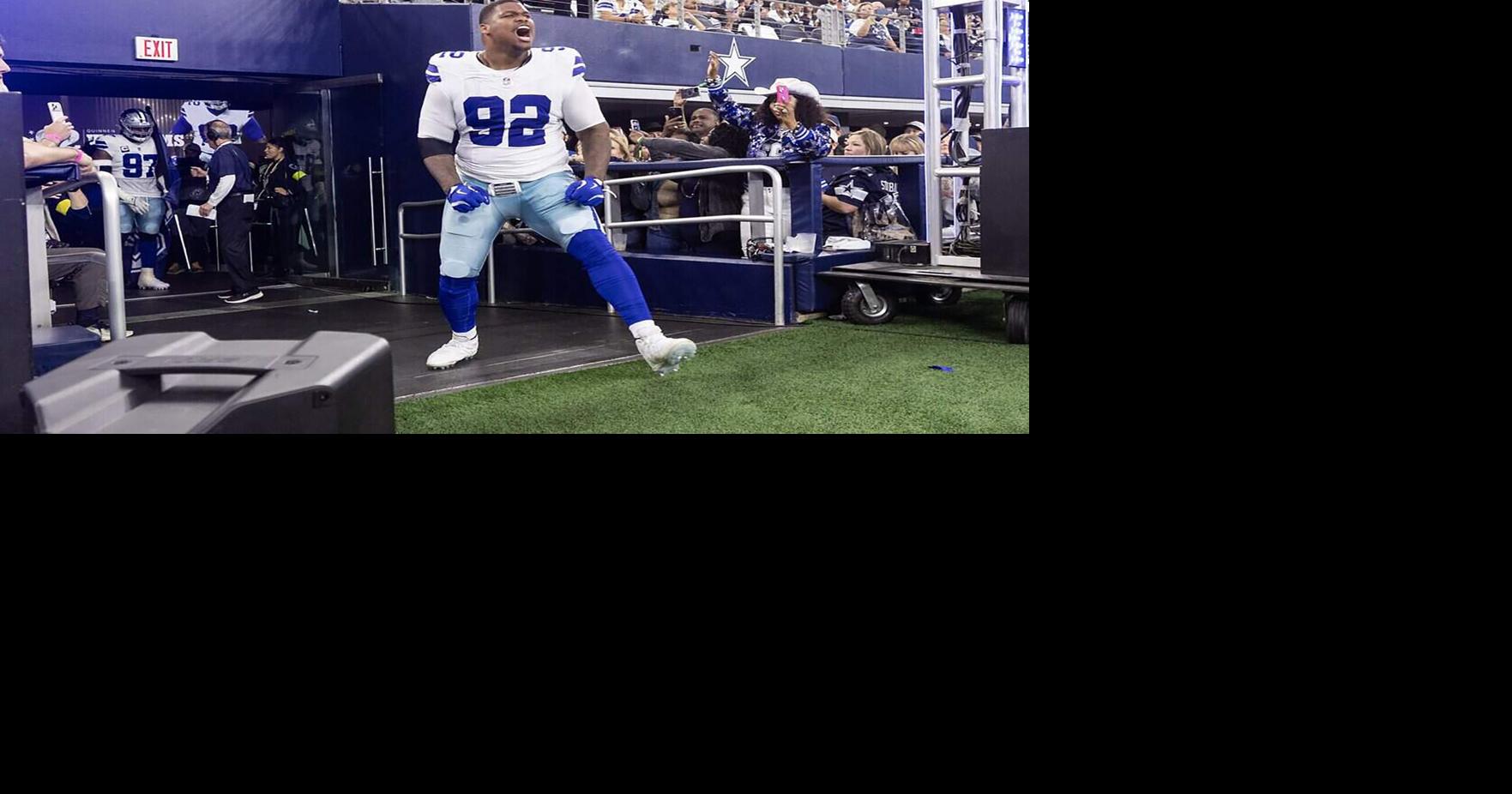 Cowboys defensive tackle Quinnen Williams comes out of the tunnel prior to the first half of an NFL game between the Dallas Cowboys and the Philadelphia Eagles at AT&T Stadium in Arlington on Sunday, Nov. 23, 2025.