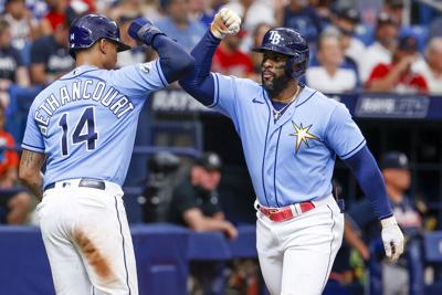 Tampa Bay Rays catcher Christian Bethancourt celebrates with