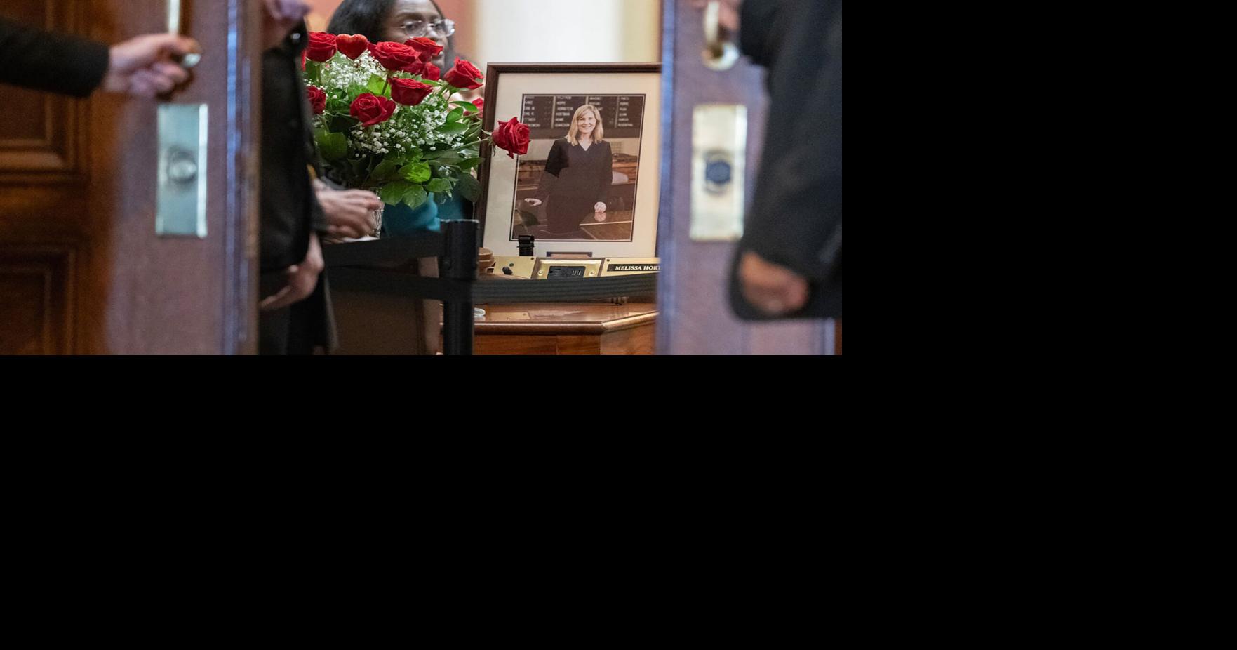 A memorial for Minnesota House Speaker Emerita Melissa Hortman sits on her vacant desk inside the House chambers at the Minnesota State Capitol in St. Paul, Minnesota, on Feb. 17, 2026.