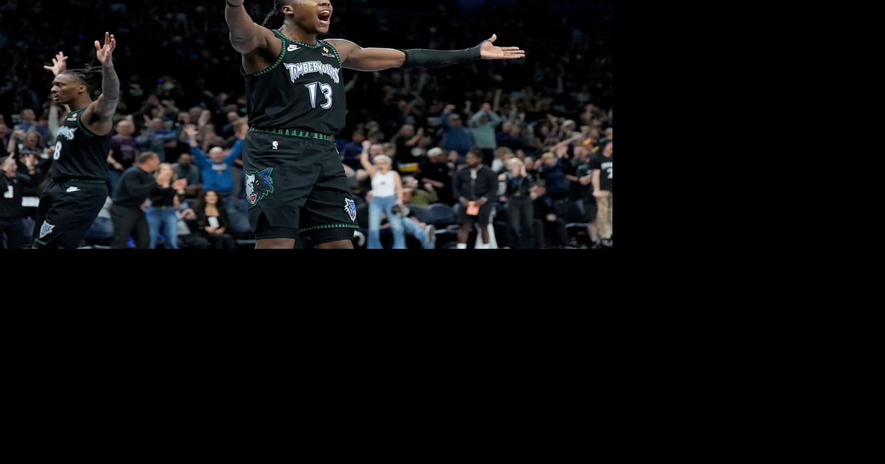 Ayo Dosunmu celebrates after scoring two of his 43 points for the Minnesota Timberwolves against the Denver Nuggets in Game 4 of a first-round playoff series at Target Center on Saturday, April 25, 2026, in Minneapolis.