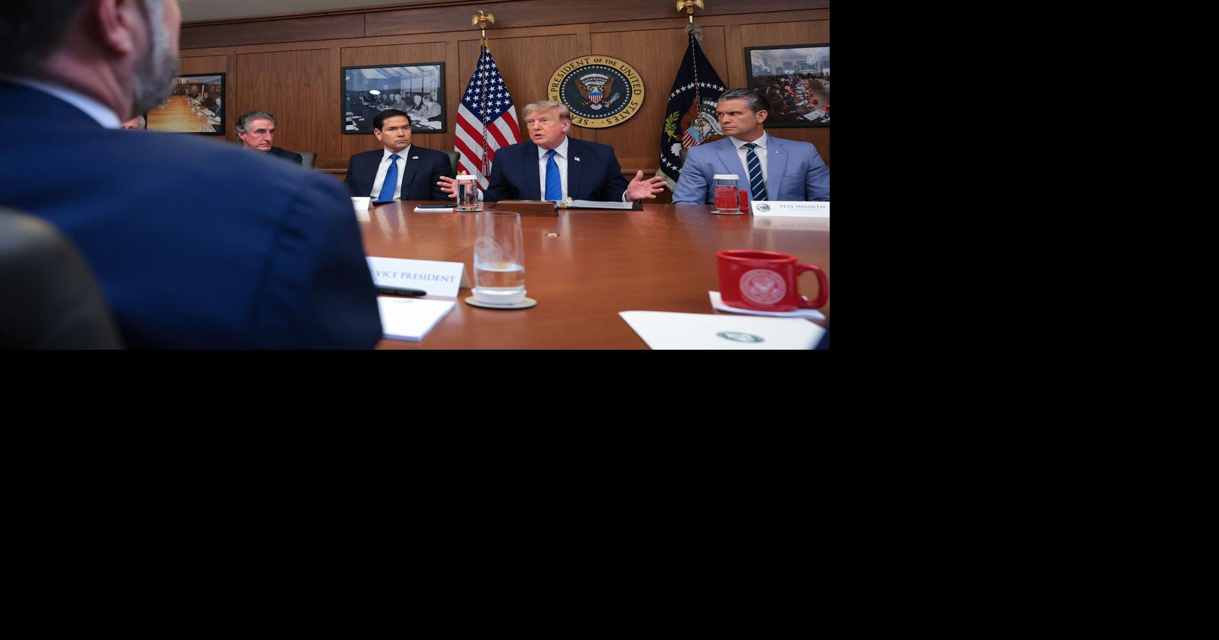 U.S. President Donald Trump speaks during a Cabinet meeting at Camp David, the presidential retreat, with Secretary of the Interior Doug Burgum, Secretary of State Marco Rubio, and Secretary of Defense Pete Hegseth on July 31, 2026, in Camp David, Maryland.
