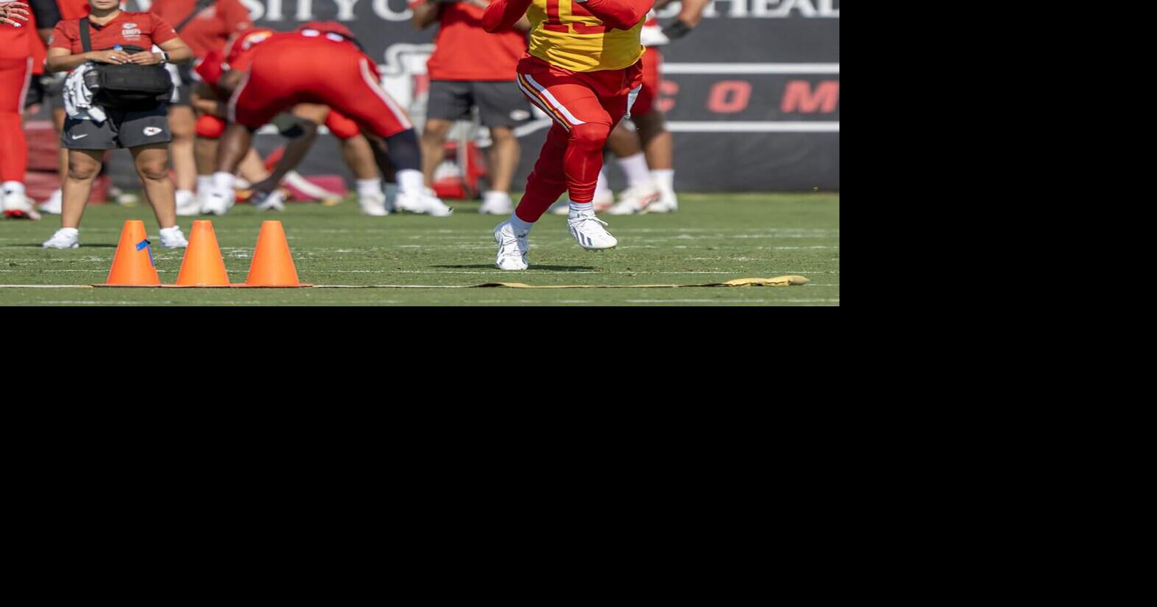 Kansas City Chiefs quarterback Patrick Mahomes runs a drill during practice at the Chiefs training facility on Wednesday, Sept. 2, 2026, in Kansas City.