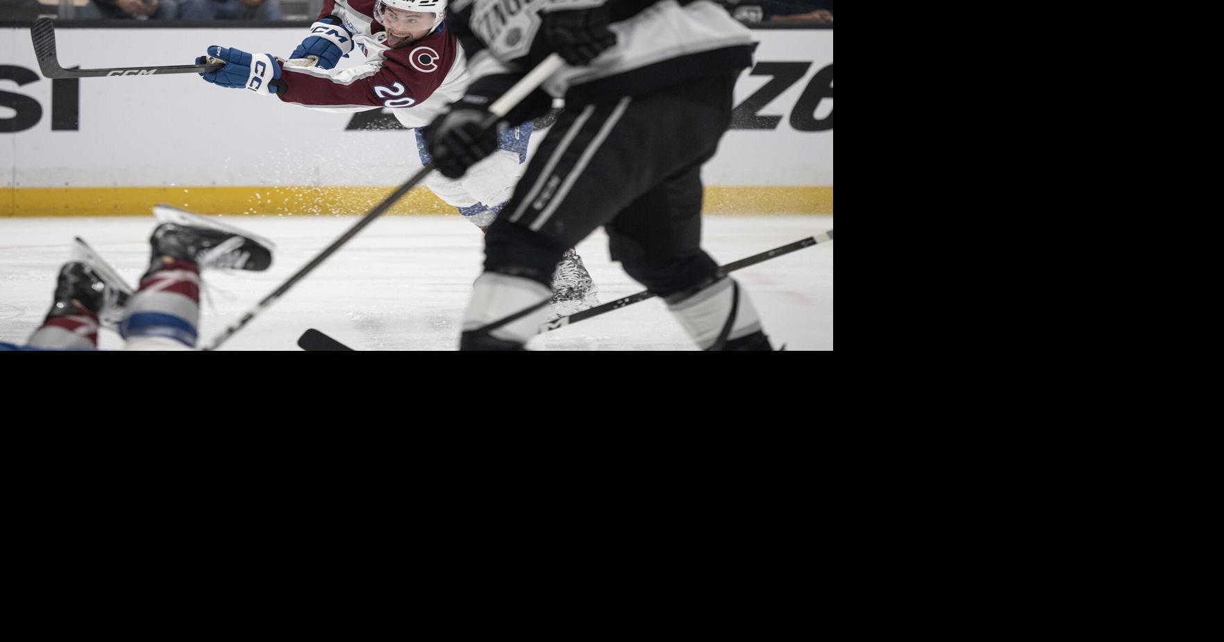 Center Ross Colton of the Colorado Avalanche takes a shot at the goal during the second period of Game 4 of the first round of the Stanley Cup Playoffs against the Los Angeles Kings on Sunday, April 26, 2026, at Crypto Arena in Los Angeles.