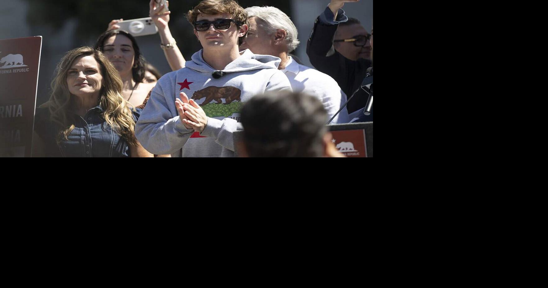 Nick Shirley is introduced during a rally in opposition to Assembly Bill 2624, also known as the Stop Nick Shirley Act, at the California Capitol in Sacramento, California, on Aug. 26, 2026.