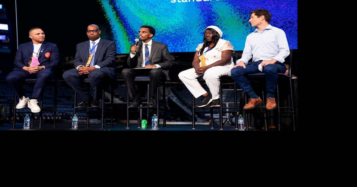 Mayoral candidate Omar Fateh answers a question during the Minneapolis DFL convention at Target Center in Minneapolis, Minnesota, on Saturday, July 19, 2025.