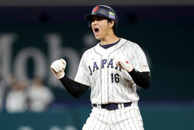 Shohei Ohtani of Team Japan reacts at second base in the ninth inning against Team Mexico during the World Baseball Classic Semifinals at loanDepot park on March 20, 2023, in Miami, Florida.