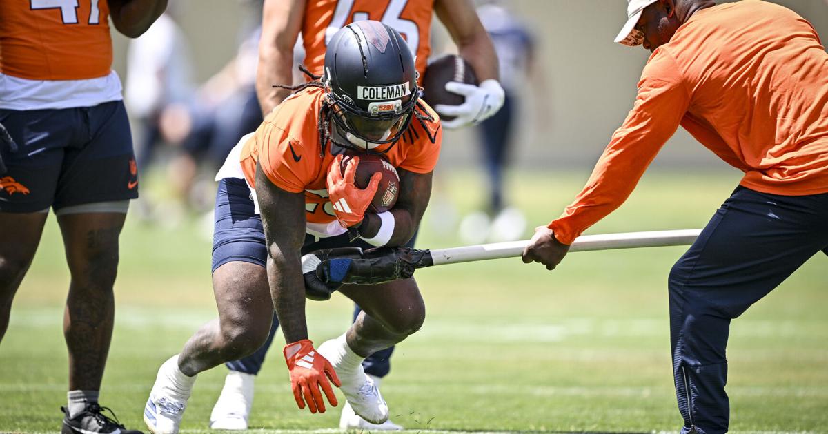 Jonah Coleman of the Denver Broncos works out during minicamp at the Broncos Park in Centennial, Colo., on Tuesday, June 16, 2026.