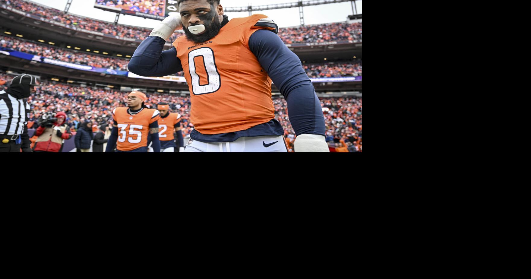 Jonathon Cooper of the Denver Broncos before a game against the New England Patriots at Empower Field at Mile High in Denver on Jan. 25, 2026.